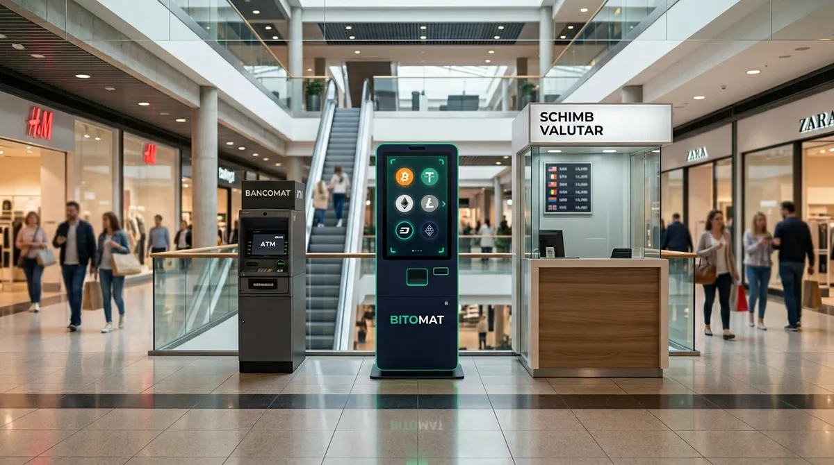 Криптомат в торговом центре Бухареста — обмен криптовалюты на наличные леи