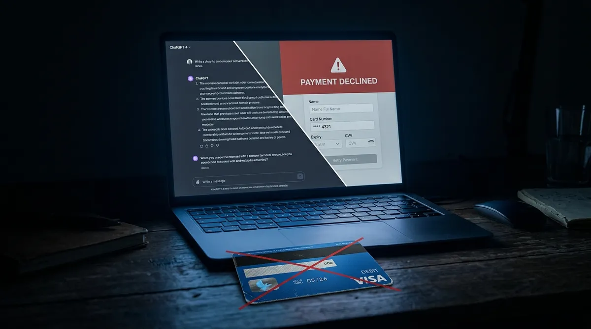 Экран ноутбука с ChatGPT и ошибкой оплаты — российская карта не принимается