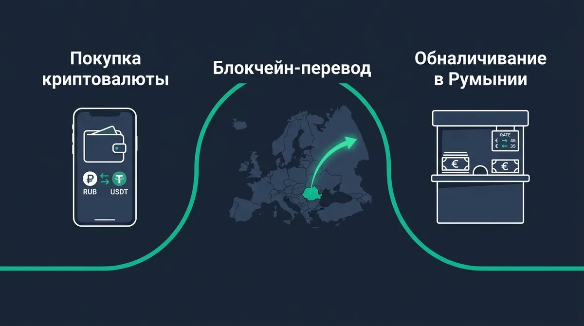 Схема маршрута перевода денег из России в Румынию через криптовалюту USDT