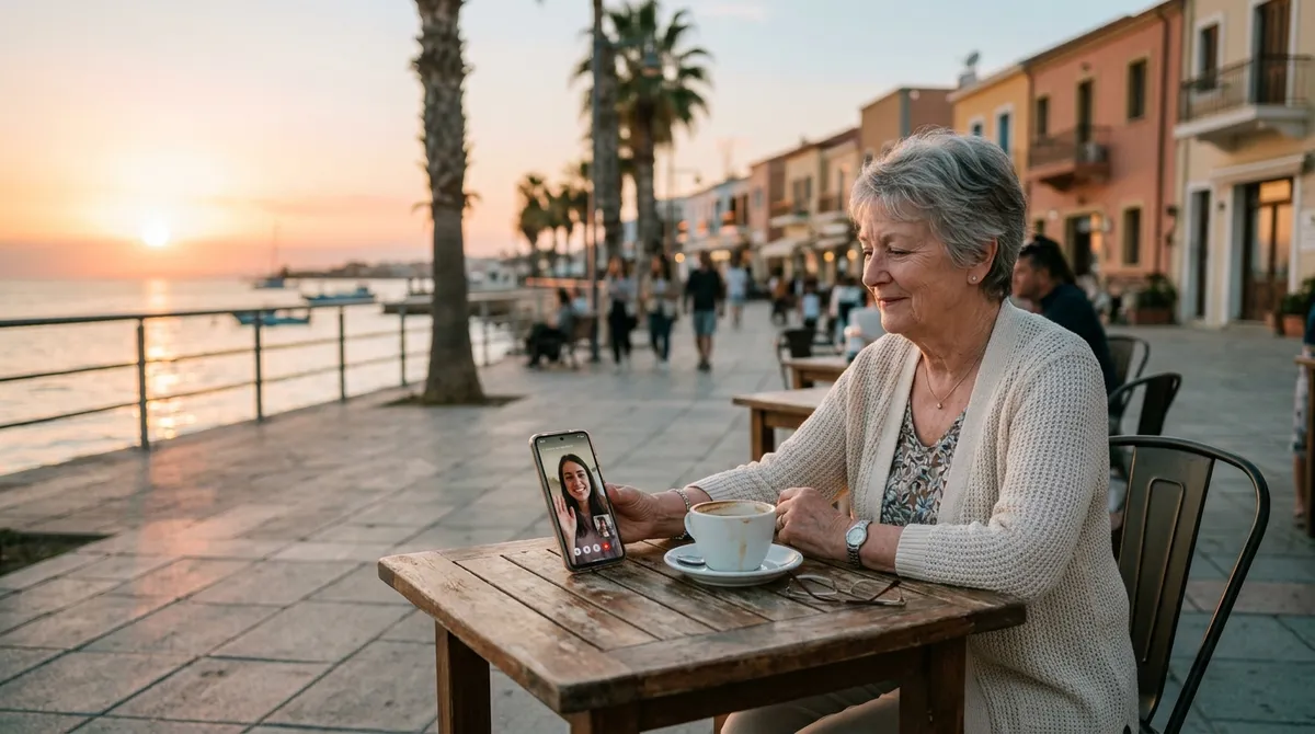 Пенсионерка на набережной тёплого города у моря — контраст с российской зимой
