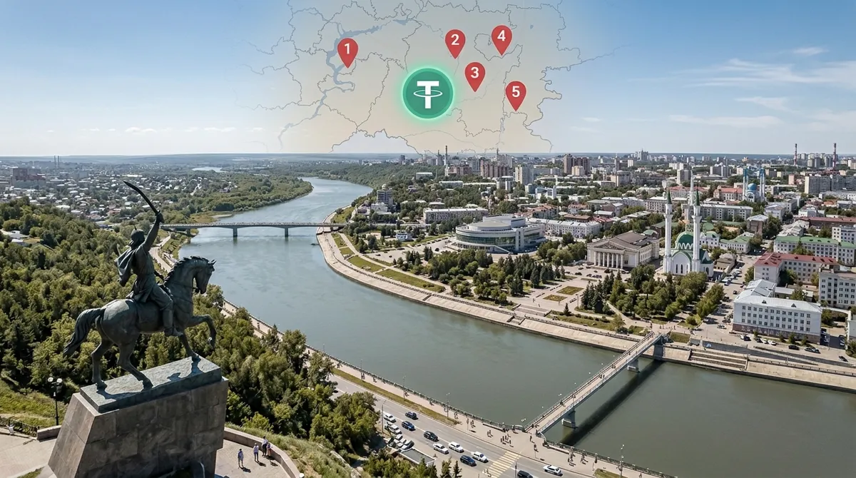 Панорама Уфы с памятником Салавату Юлаеву, Белой рекой и метками обменников