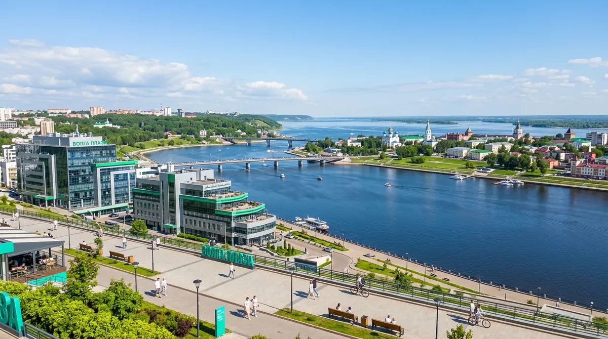 Вид на Чебоксарский залив и набережную с современной застройкой