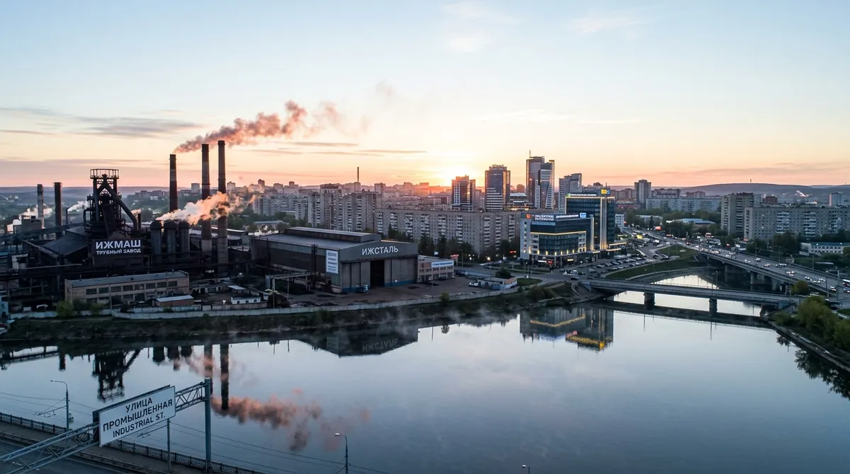 Панорама промышленного Ижевска на рассвете с заводами и рекой Иж