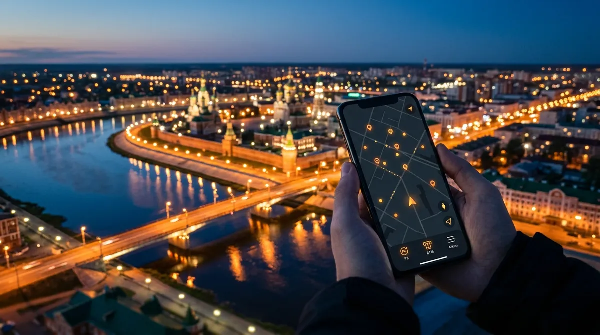 Вид на Йошкар-Олу с набережной и смартфоном с картой обменников