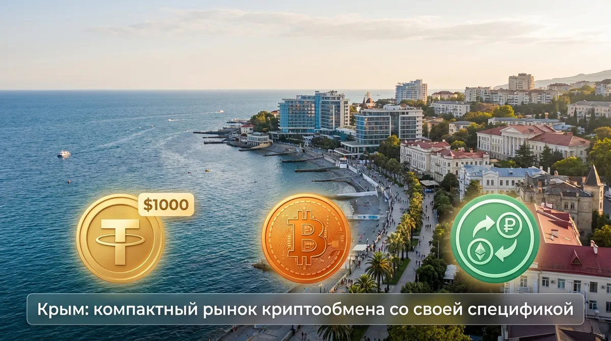 Панорама крымского побережья с иконками USDT, BTC и обмена валют