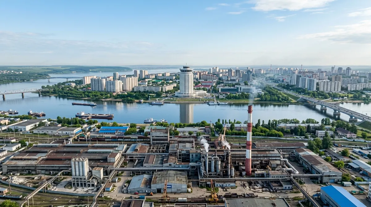 Панорама Набережных Челнов с Камой и промзоной Автозаводского района