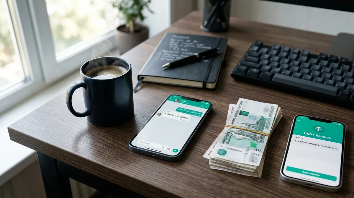 Офисная сцена с перепиской, наличными и крипто-кошельком в Рязани