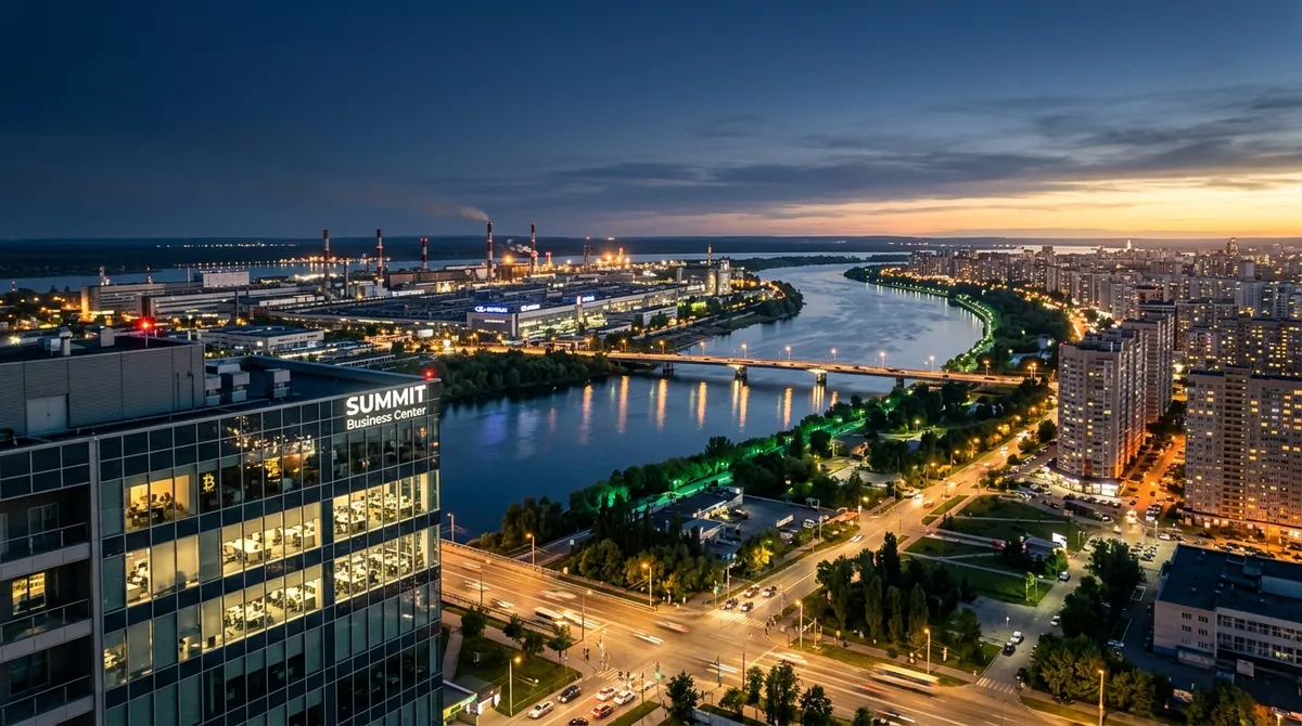 Вечерняя панорама Тольятти с бизнес-центром обменников