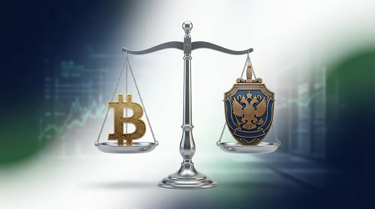 Криптовалюта в России: весы правосудия с биткоином и символом закона