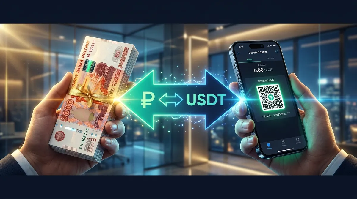 Руки с рублями и смартфоном с кошельком USDT, стрелка между ними