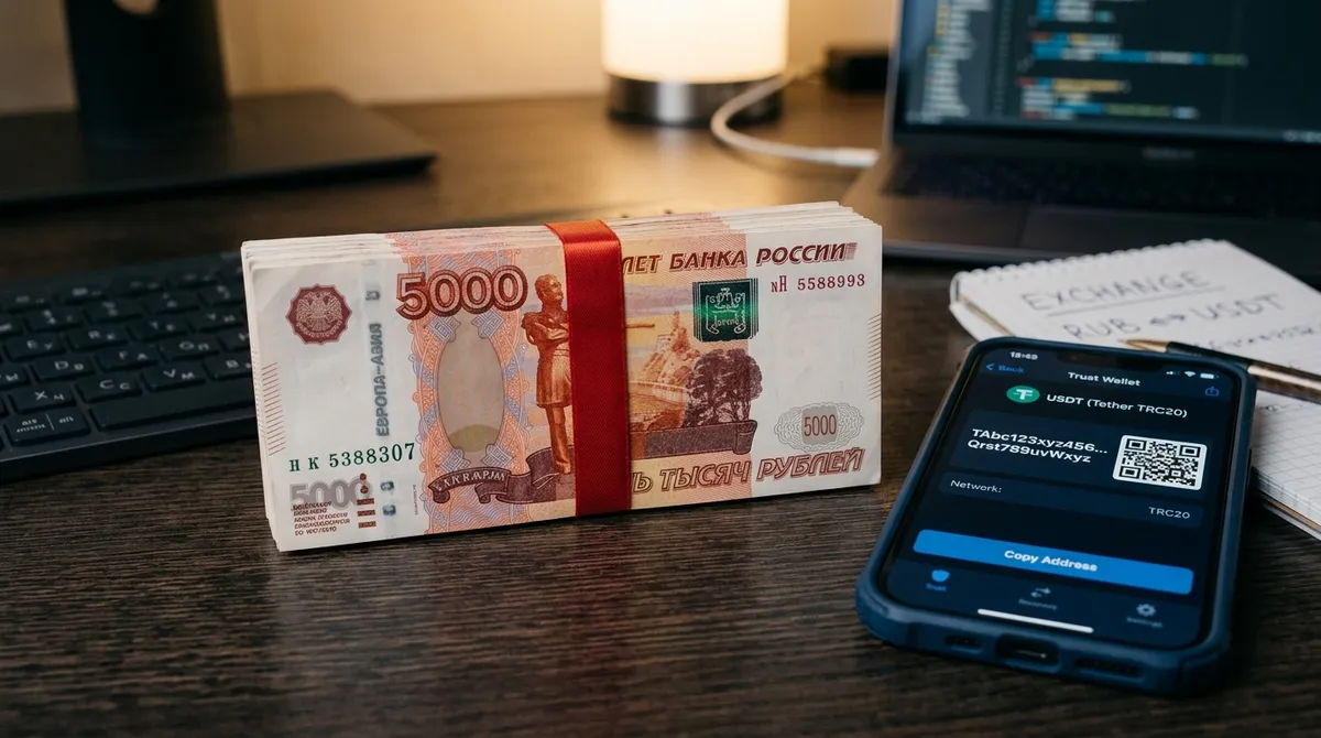 Рабочий стол с наличными и смартфоном для получения USDT TRC-20