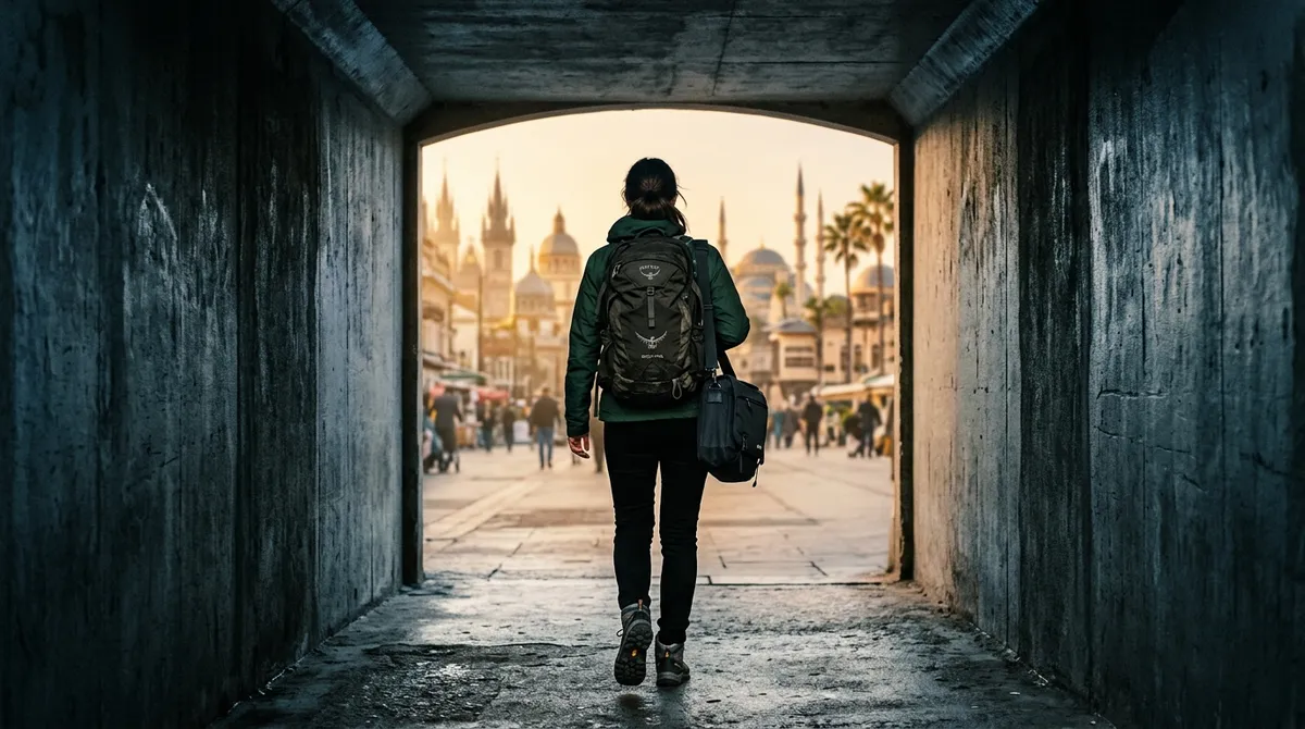 Человек с рюкзаком идёт из тёмного коридора к свету, за которым видны силуэты городов разных стран