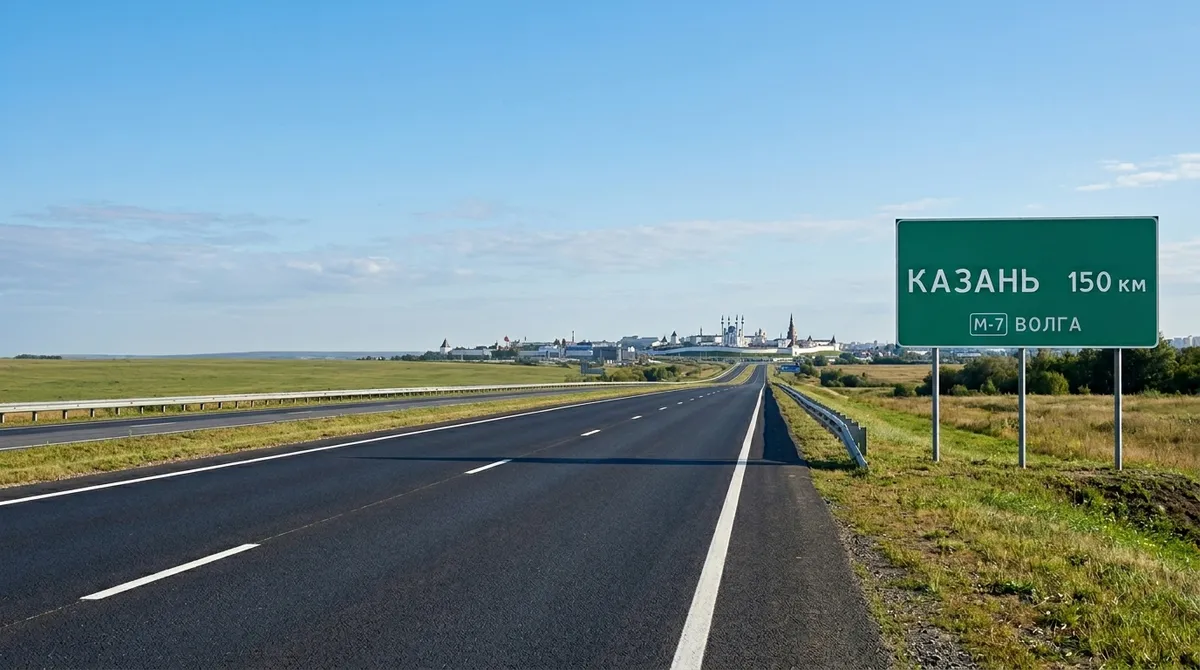 Дорога Чебоксары — Казань по М-7 с указателем расстояния