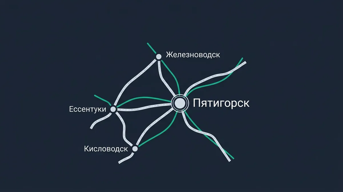 Карта агломерации Кавказских Минеральных Вод с маршрутами из городов-спутников в Пятигорск