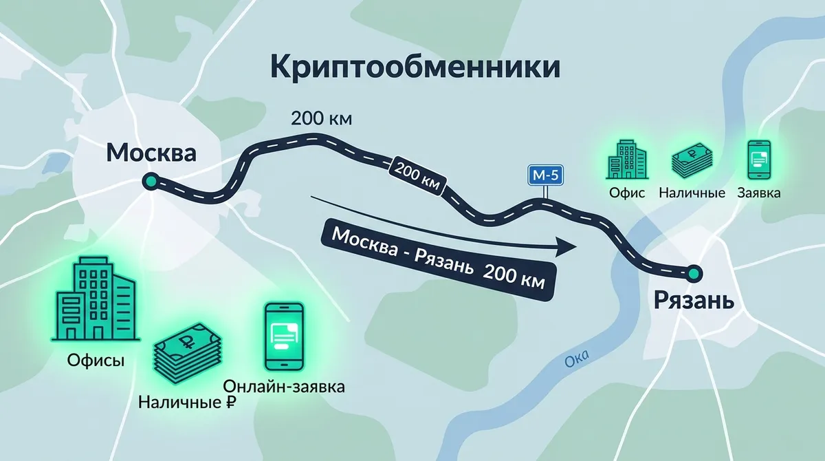 Карта Рязань–Москва по М-5 с символами обмена крипты