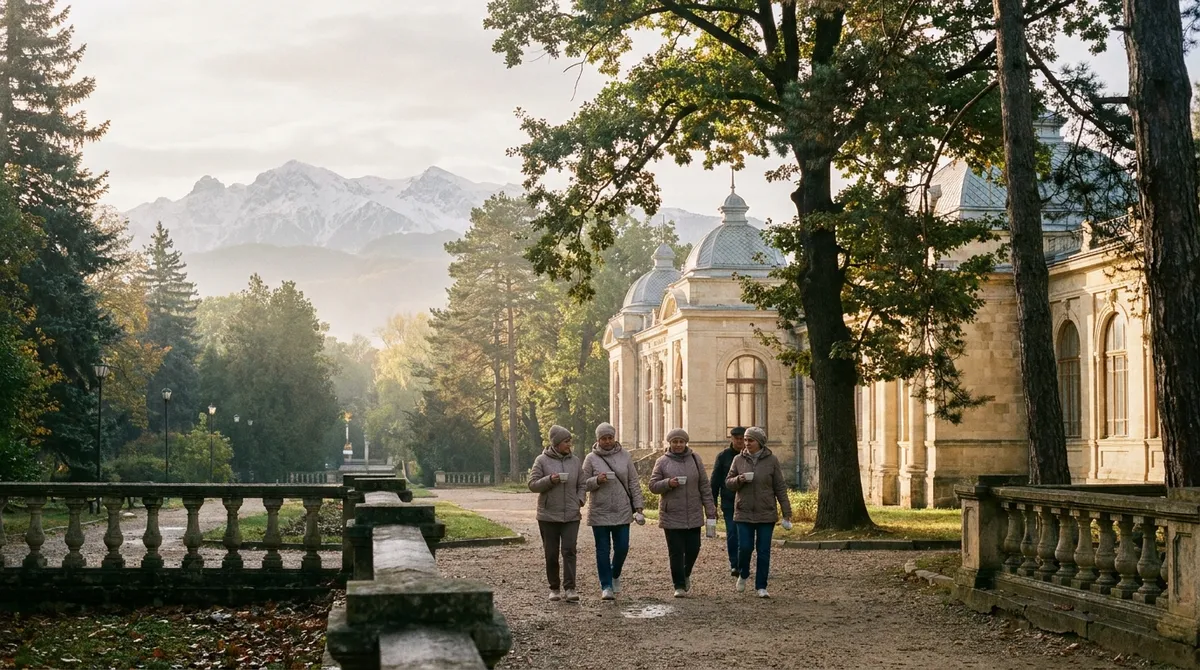 Утро в санатории КМВ: отдыхающие идут мимо здания на фоне гор Кавказа