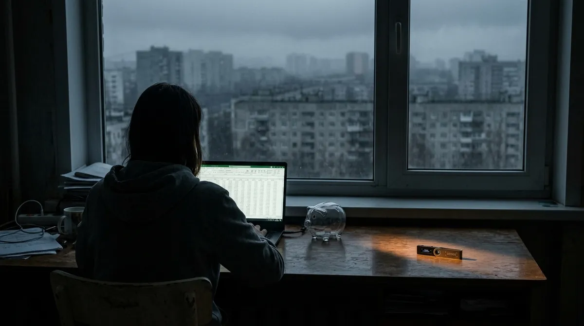 Тёмная комната с ноутбуком и пустой копилкой — луч света падает на аппаратный крипто-кошелёк на краю стола