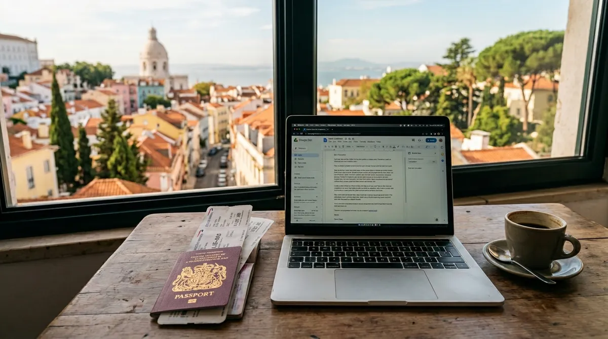 Раскрытый паспорт с посадочными талонами на рабочем столе рядом с ноутбуком — обычное утро кочевника