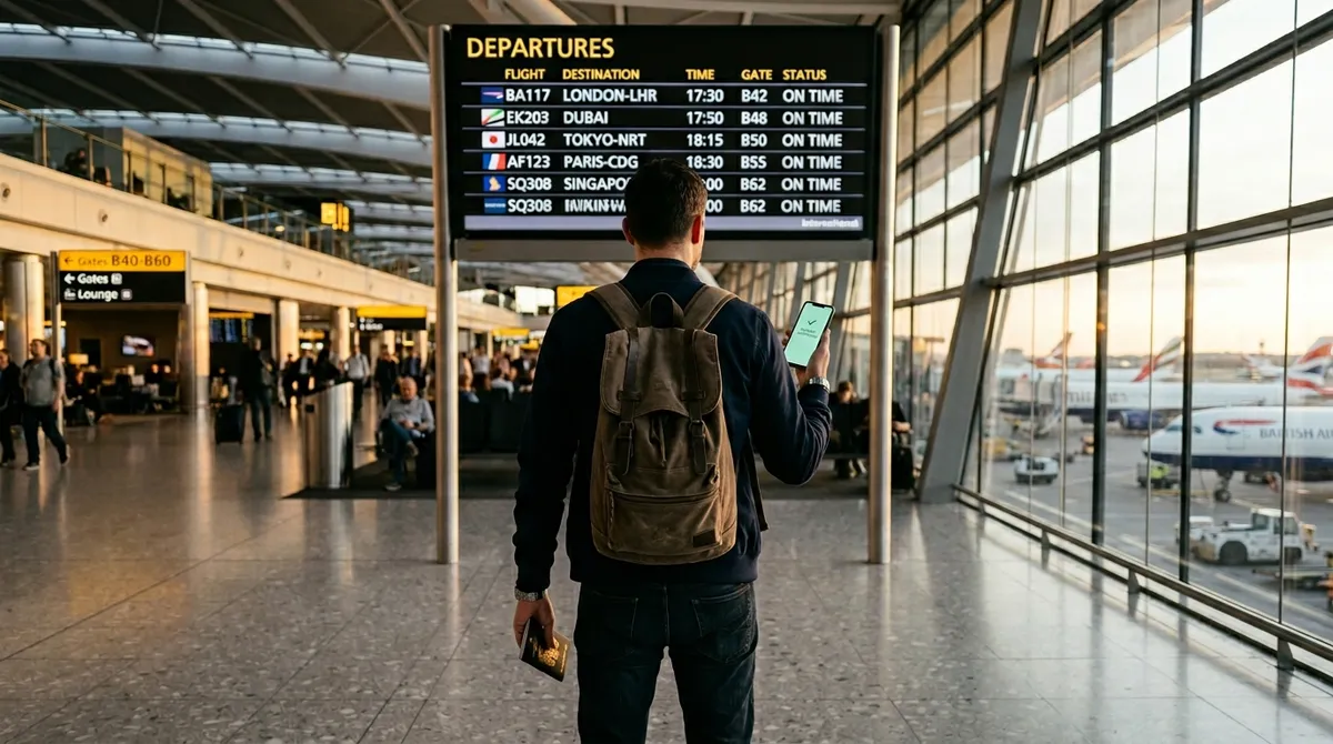 Человек в аэропорту перед табло вылетов со смартфоном и паспортом — начало маршрута к зарубежной карте Visa