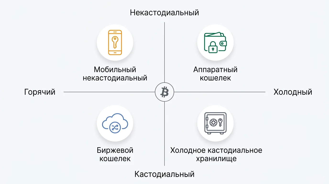 Схема выбора биткоин-кошелька по двум осям: горячее/холодное хранение и кастодиальный/некастодиальный тип