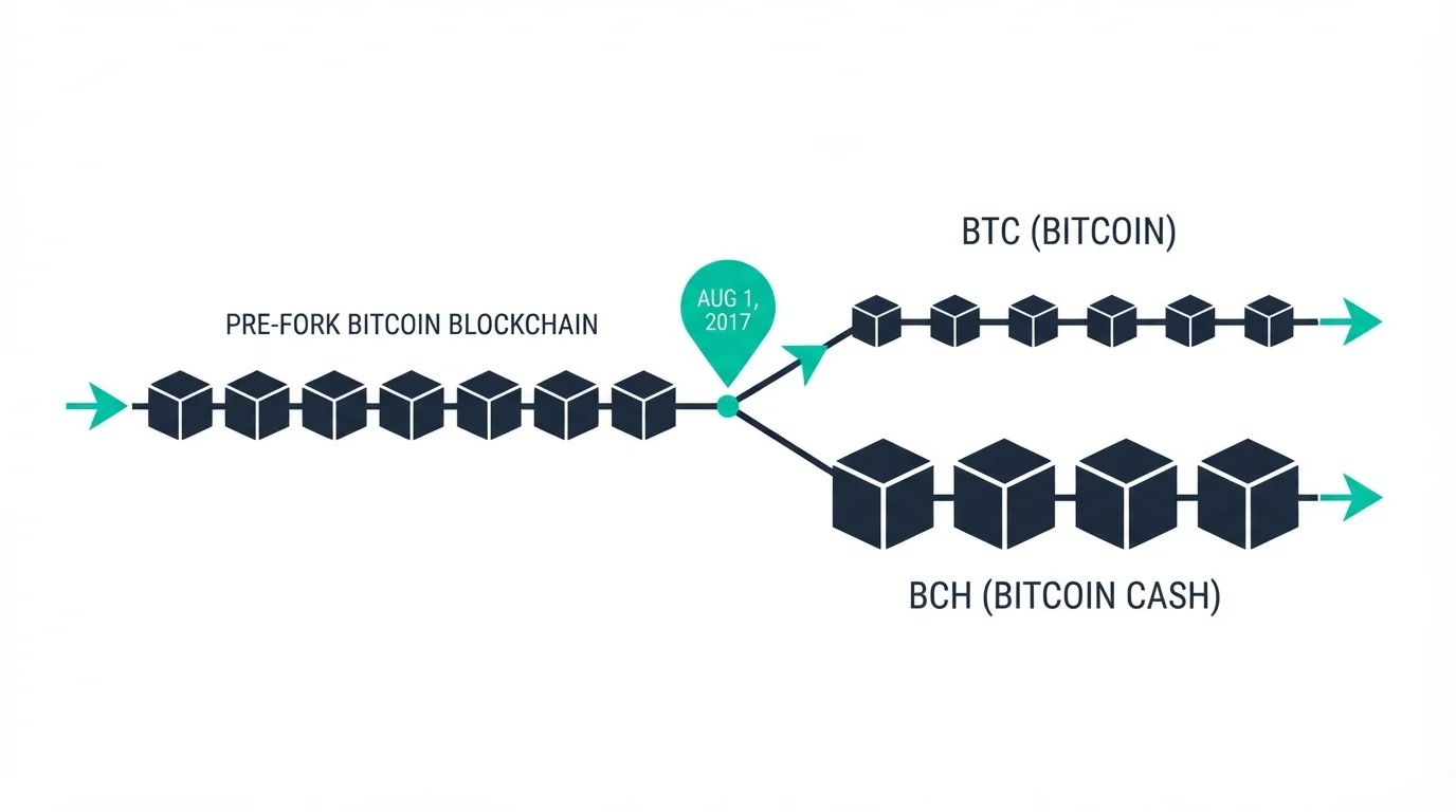 Временная шкала хардфорка: единая цепочка Bitcoin до 1 августа 2017, затем развилка на BTC и BCH