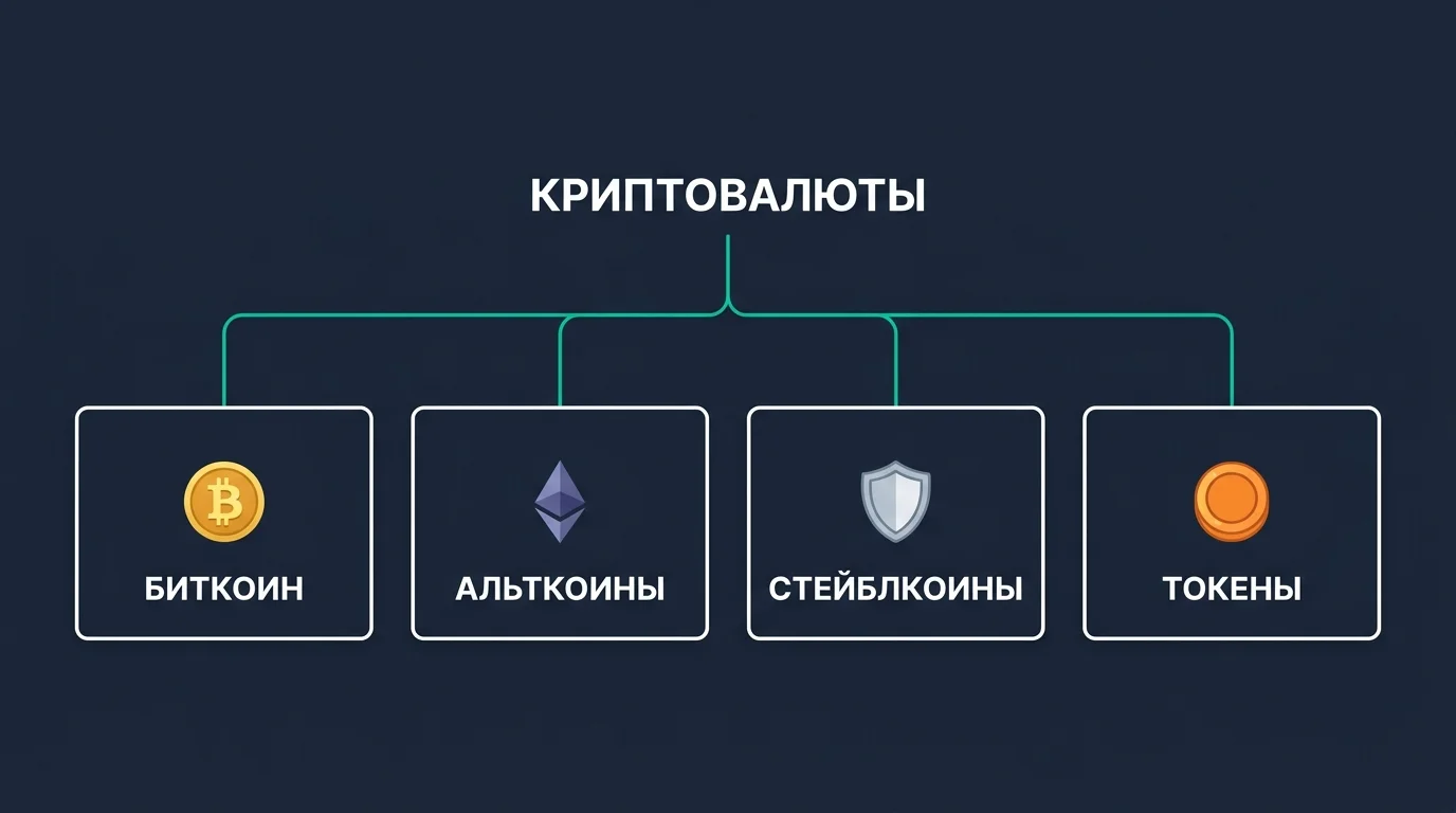 Дерево видов криптовалют: биткоин, альткоины, стейблкоины и токены
