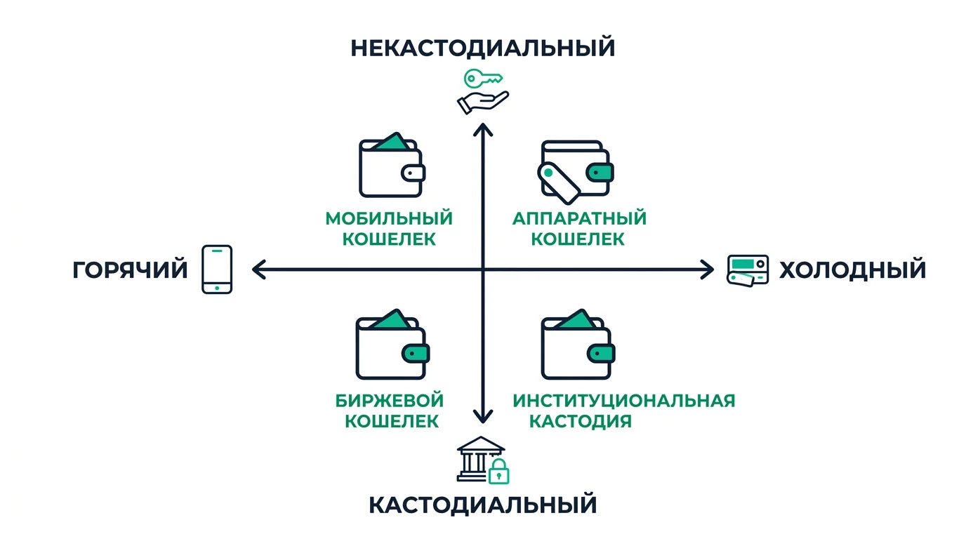 Две оси сравнения криптокошельков: горячий против холодного и некастодиальный против кастодиального