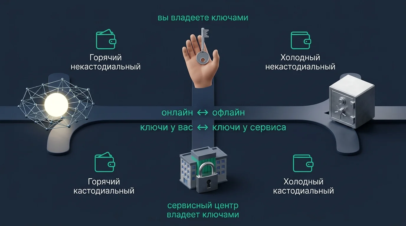 Две оси выбора кошелька Ethereum: горячее против холодного и ключи у вас против ключей у сервиса