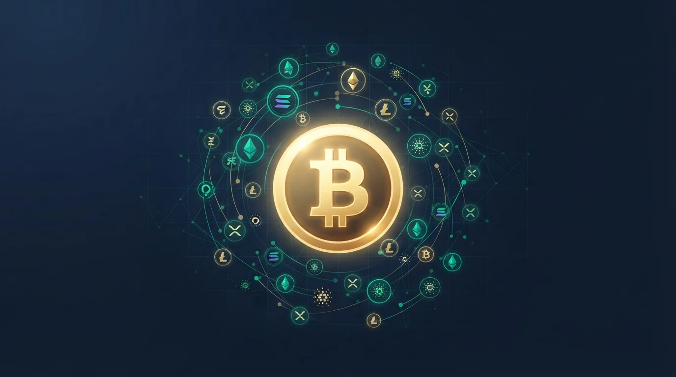 Инфографика: биткоин в центре и облако альткоинов Ethereum, Litecoin, USDT, TRX вокруг