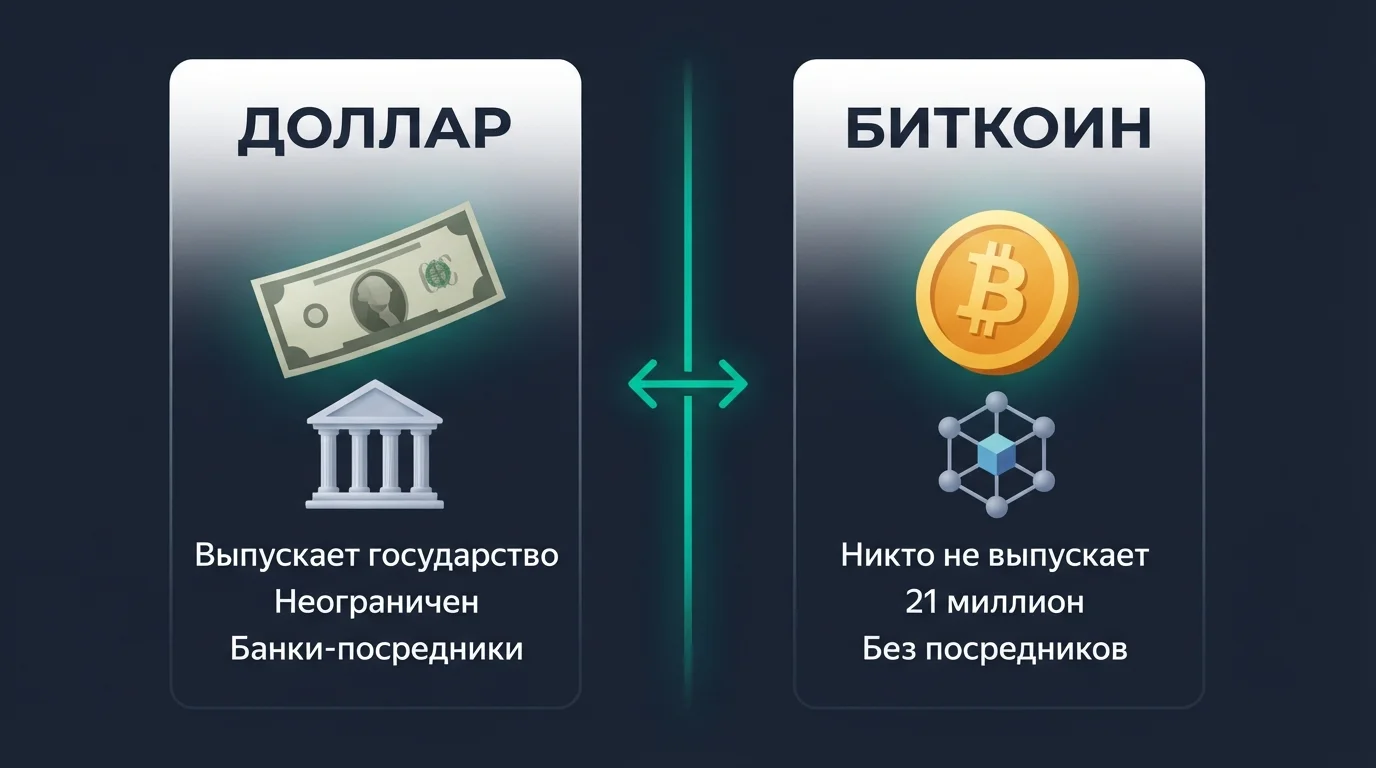 Сравнение биткоина и доллара: кто выпускает, лимиты, посредники