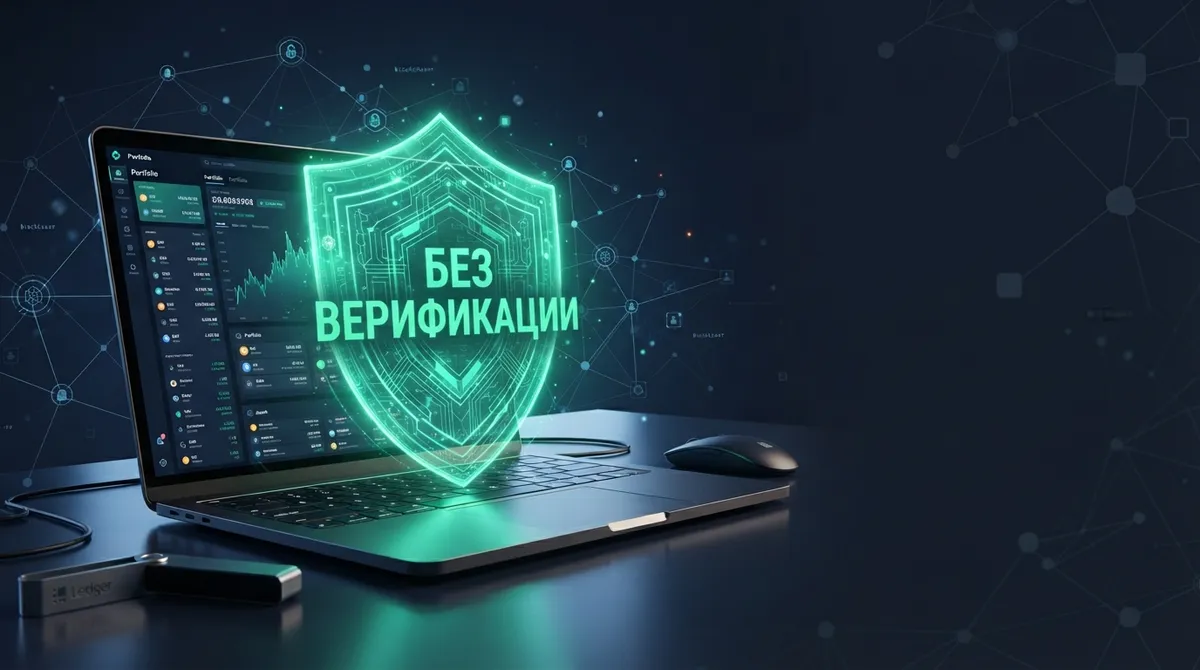Анонимный обмен криптовалюты без верификации: защищенный цифровой интерфейс с зеленым щитом