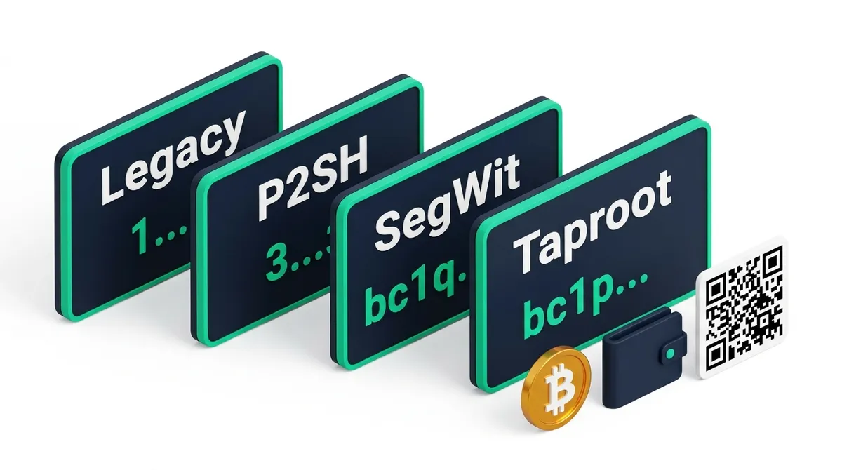 Четыре формата биткоин-адреса — Legacy, P2SH, SegWit и Taproot — с префиксами 1, 3, bc1q и bc1p и QR-кодом рядом