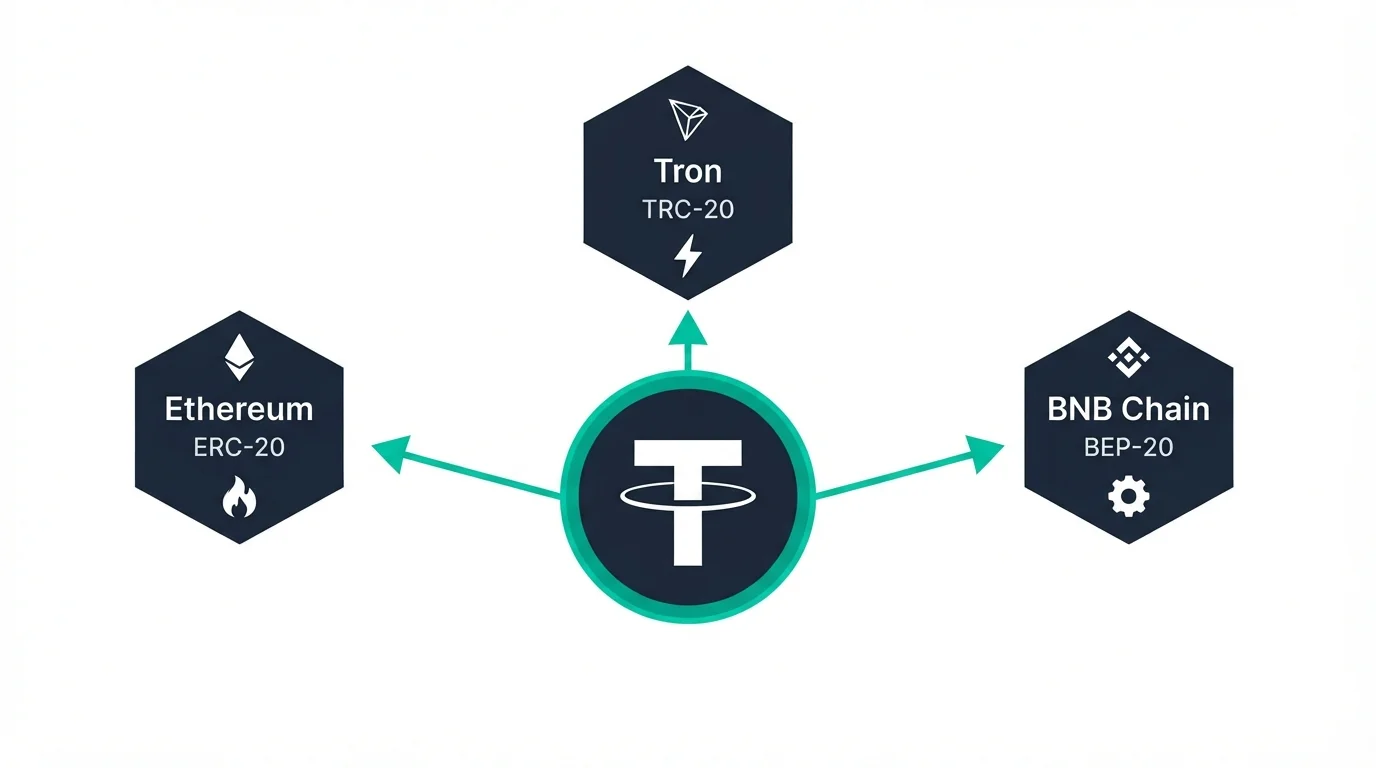 Схема: один токен USDT в трёх сетях — Ethereum (ERC-20), Tron (TRC-20) и BNB Chain (BEP-20) с разными комиссиями и скоростью