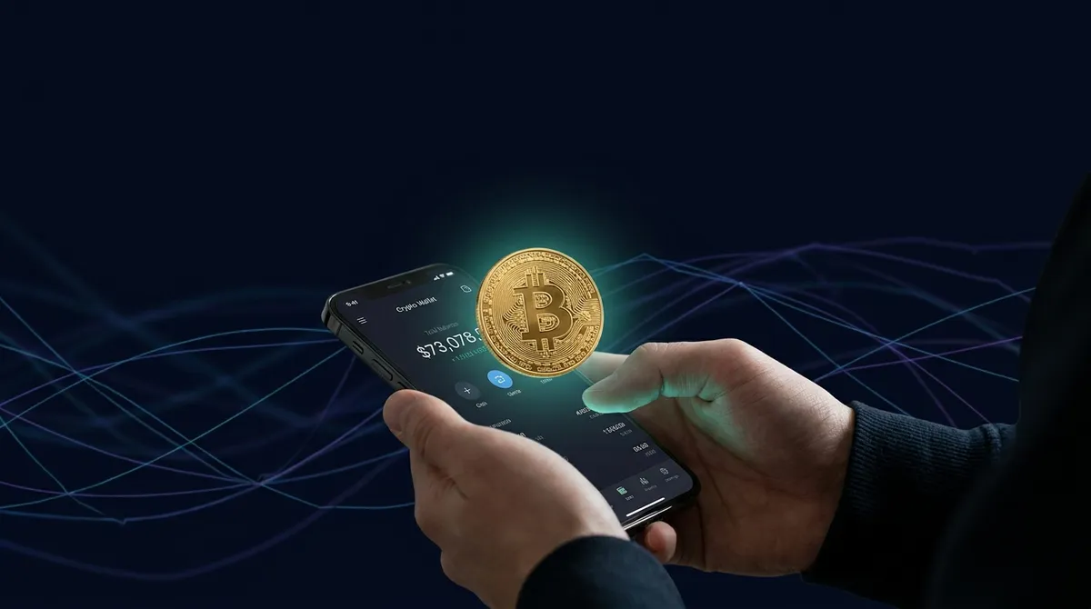 Смартфон с криптокошельком и реалистичная золотая монета биткоина с символом ₿ на фоне цифровой сети