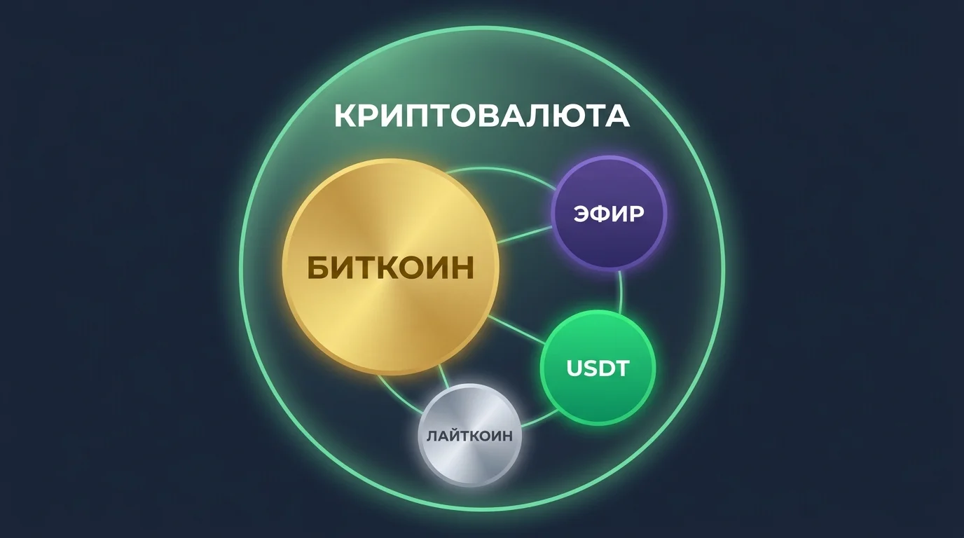 Схема вложенности: внутри класса криптовалют находятся биткоин и другие монеты