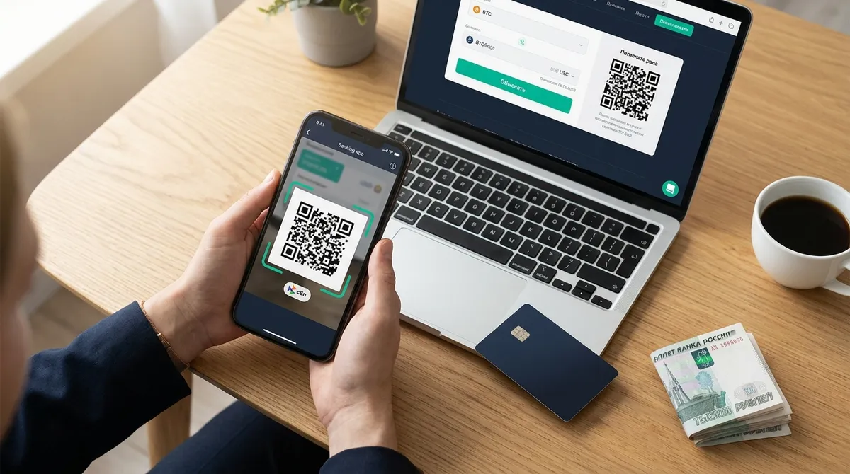 Экран смартфона с QR-кодом СБП для оплаты покупки криптовалюты за рубли