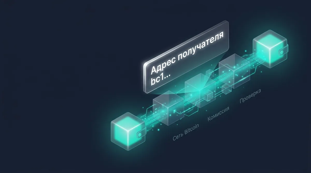 Экран криптокошелька с формой отправки биткоина: поле адреса получателя, сумма в BTC и выбор комиссии сети