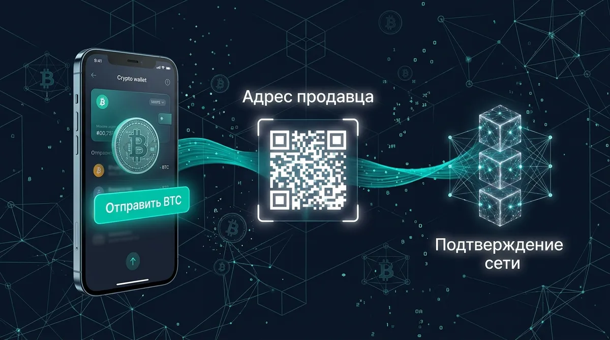 Схема оплаты биткоином: кошелёк, QR-код продавца и платёжный шлюз с конвертацией BTC в фиат