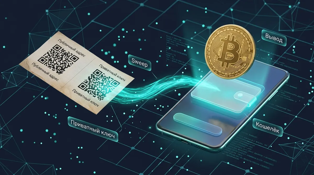 Бумажный кошелёк с QR-кодами приватного ключа и перенос биткоинов в софт-кошелёк для вывода