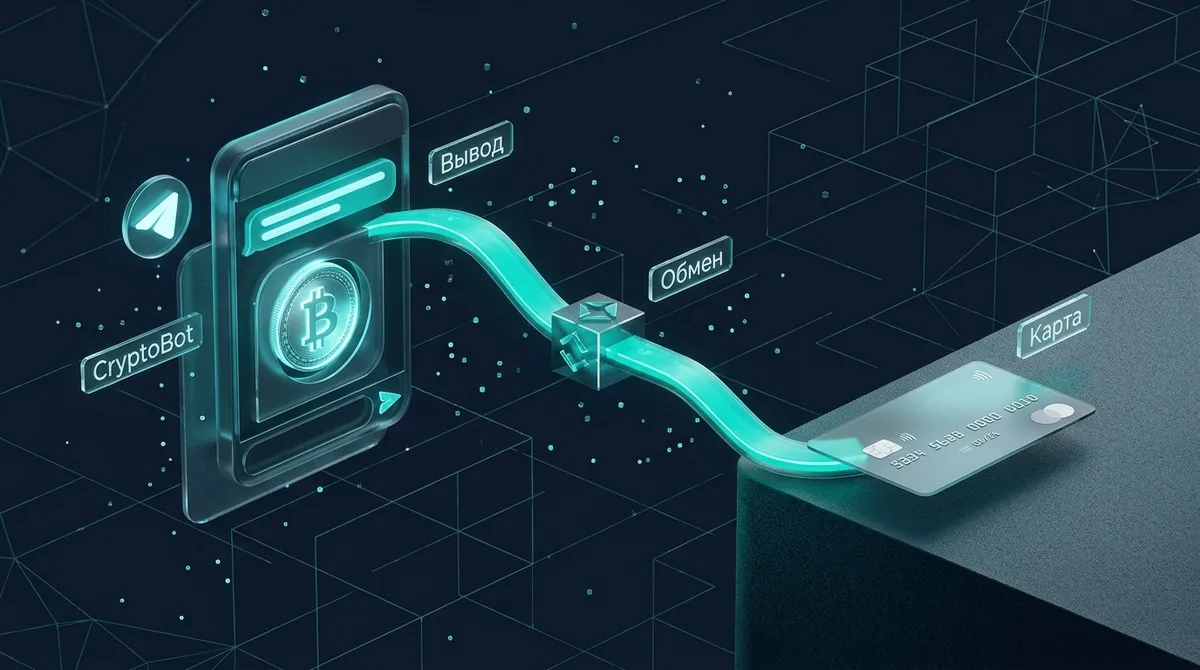 Иллюстрация двух шагов вывода из CryptoBot: от бота через обменник к банковской карте