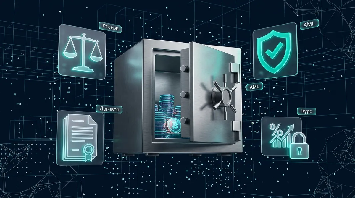 Человек оформляет вывод крупной суммы криптовалюты в рубли через OTC-обменник: на экране курс, подтверждение резерва и статус AML-проверки