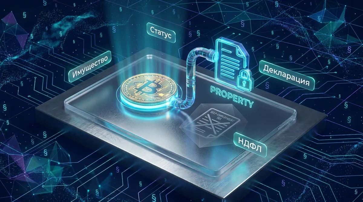 3D-иллюстрация правового статуса продажи криптовалюты: крипто-монета как имущество, требующее налоговой декларации, в отличие от режима самозанятости