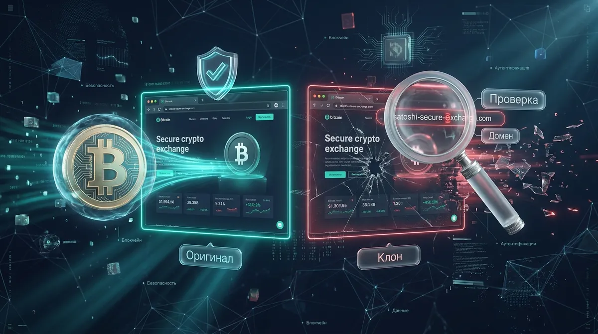3D-иллюстрация отличия настоящего сайта биткоина от фишингового клона: два окна браузера, лупа над доменом и предупреждающие метки