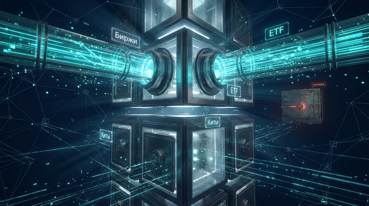 3D-иллюстрация крупнейших биткоин-кошельков: многоуровневая структура активных хранилищ бирж и ETF на фоне спящего адреса Сатоши