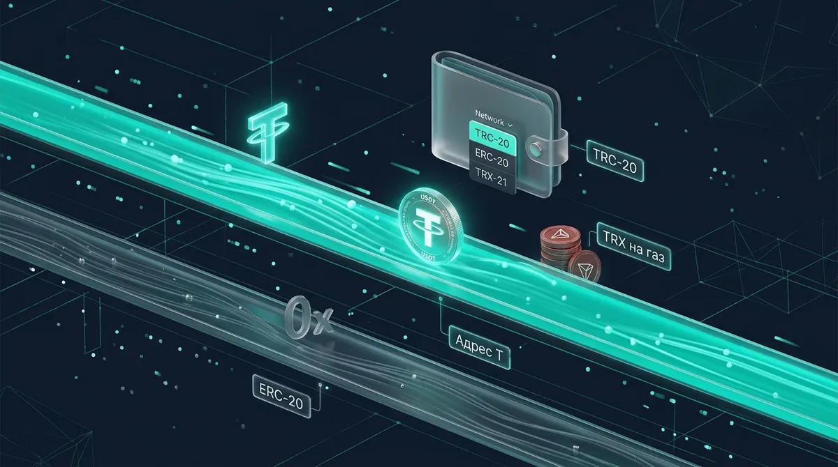 Выбор сети TRC-20 в блокчейне TRON при переводе USDT