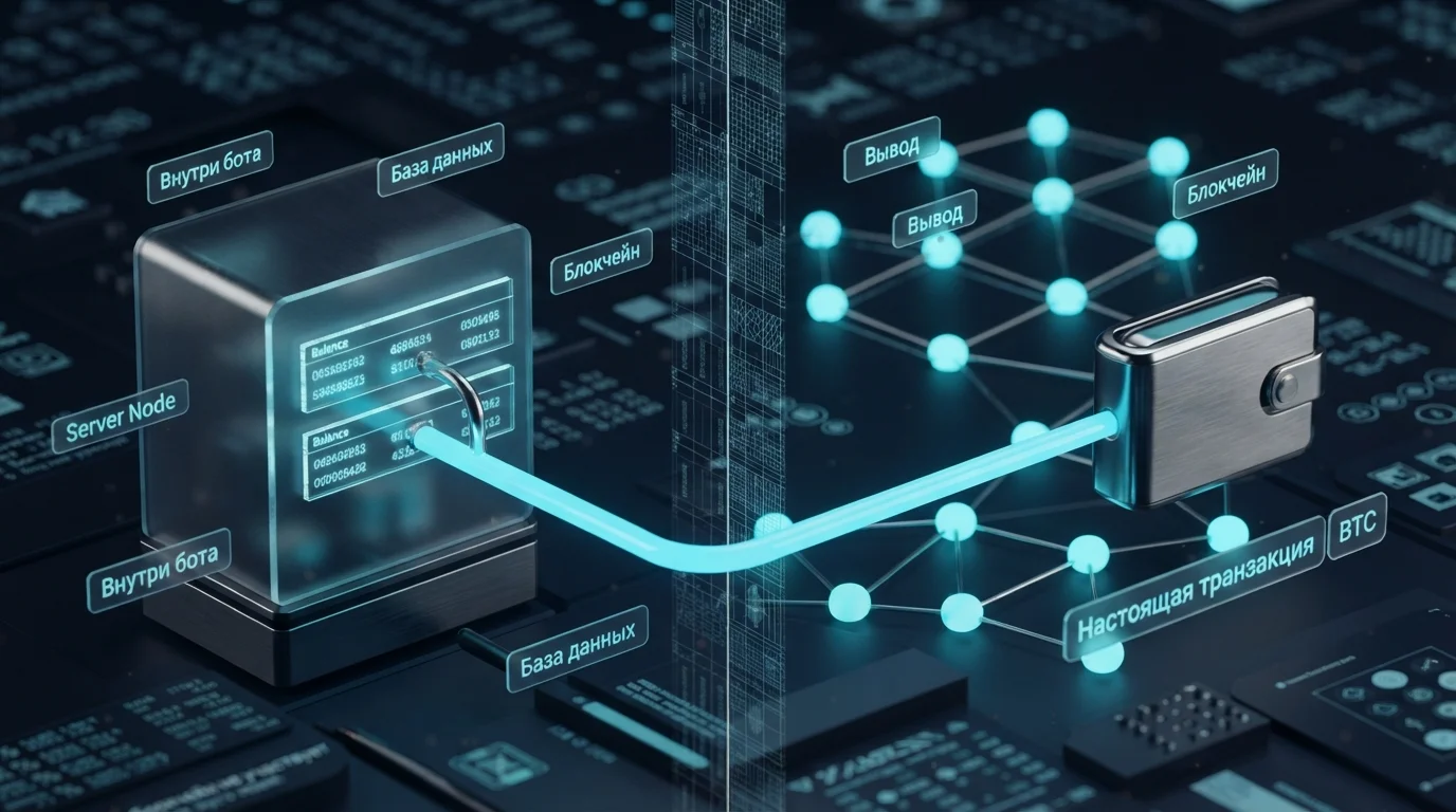Схема: перевод внутри Телеграм-бота идёт по базе сервиса, вывод BTC - транзакция в блокчейне
