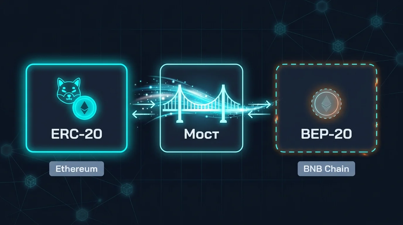 Схема: SHIB в сети Ethereum (ERC-20) и его обёртка в BNB Chain (BEP-20), связанные мостом