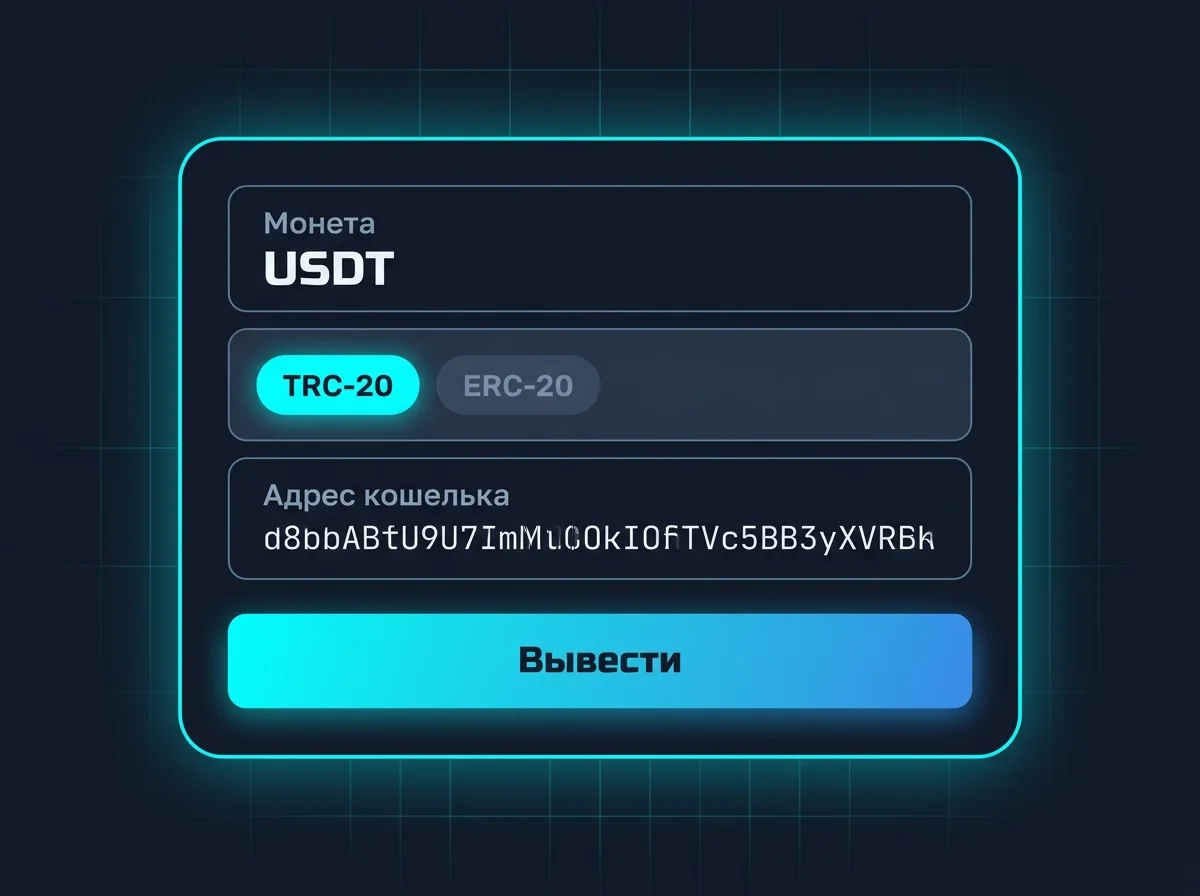 Экран вывода USDT с биржи: выбор сети TRC-20 и поле адреса кошелька