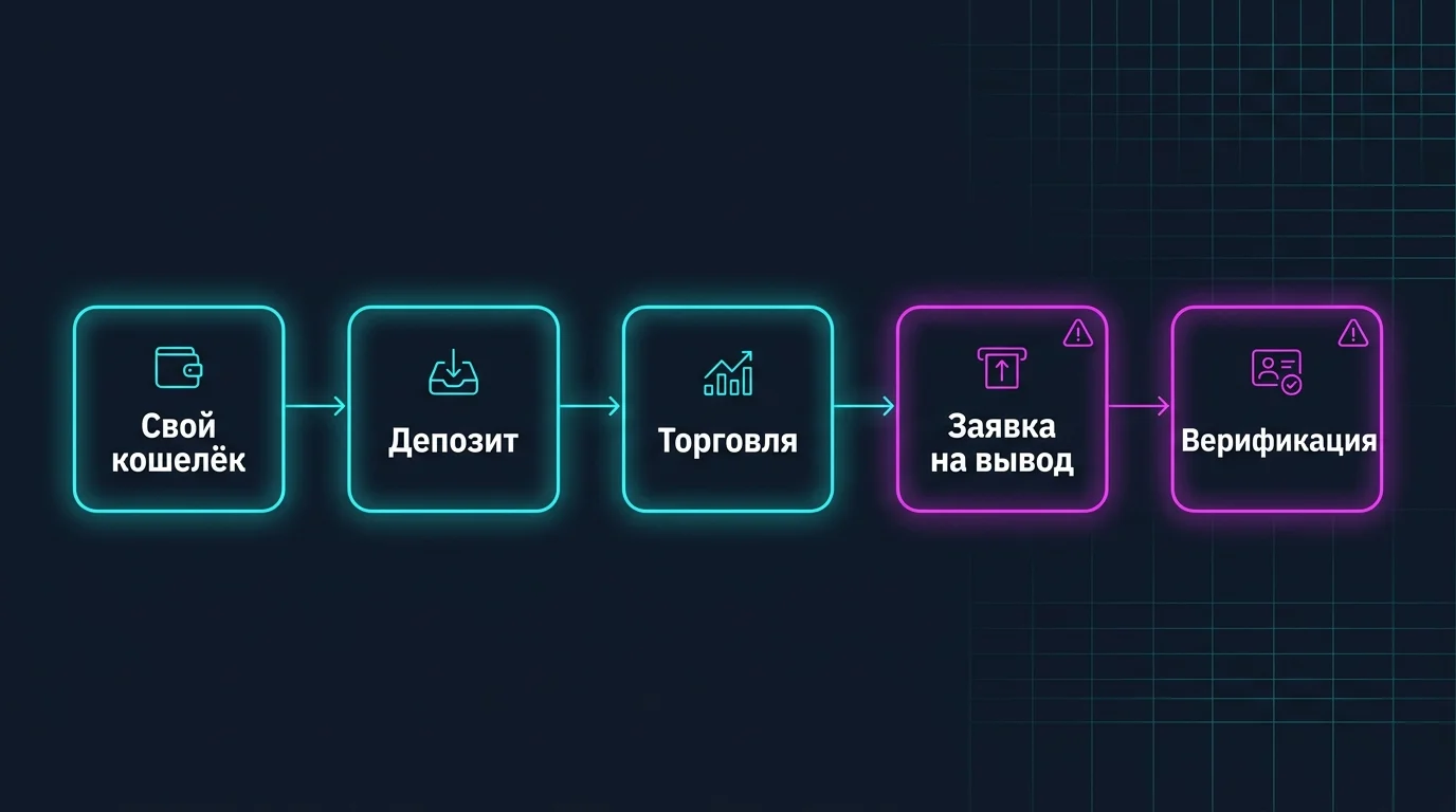 Схема пути средств на криптобирже: депозит, торговля, заявка на вывод и верификация