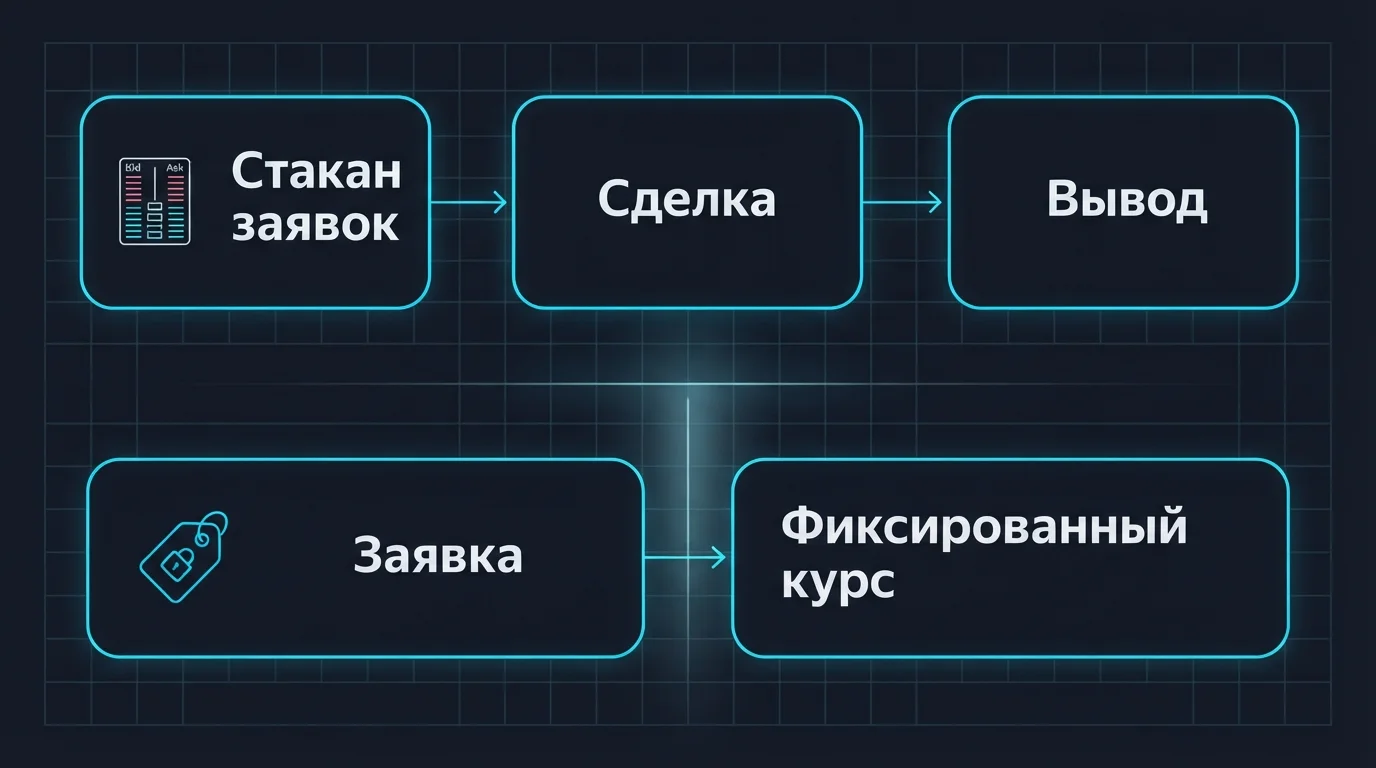 Схема сравнения маршрутов обмена: стакан заявок биржи и обменник с фиксированным курсом